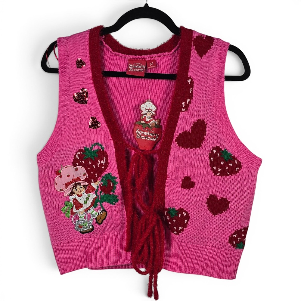 The World of Strawberry Shortcake Pink Knit Tie Front Sweater Vest Womens Medium